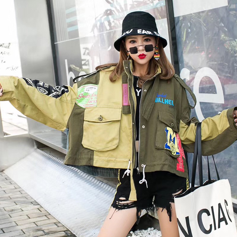 

2021 Loose Mode Bf Short Harajuku Retro Green Card Printed New Female Bomber Jacket Streetwear CYAT, Army green.