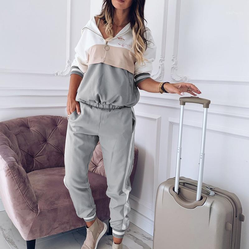 

2 Pcs/set Women Letter Print Patchwork Fashion Long Sleeve Zipper Hooded Sweatshirts Running Suit Female Sportswear Tracksuit1, S002 gray