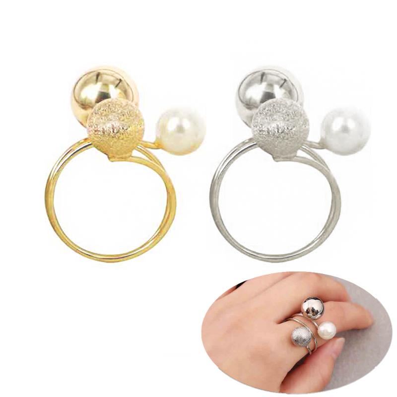 

New Fashion Simulated Pearl Adjustable Opening Rings Elegant Metal Geometric Balls Silver Color Gold Color Women Ring Bague