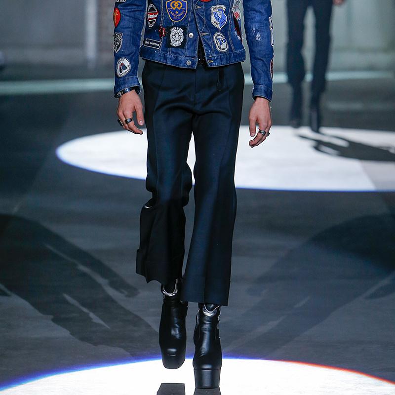 

Men' casual pants 2020 spring and summer new show retro slim cropped trousers loose large size curled micro flared pants, Black