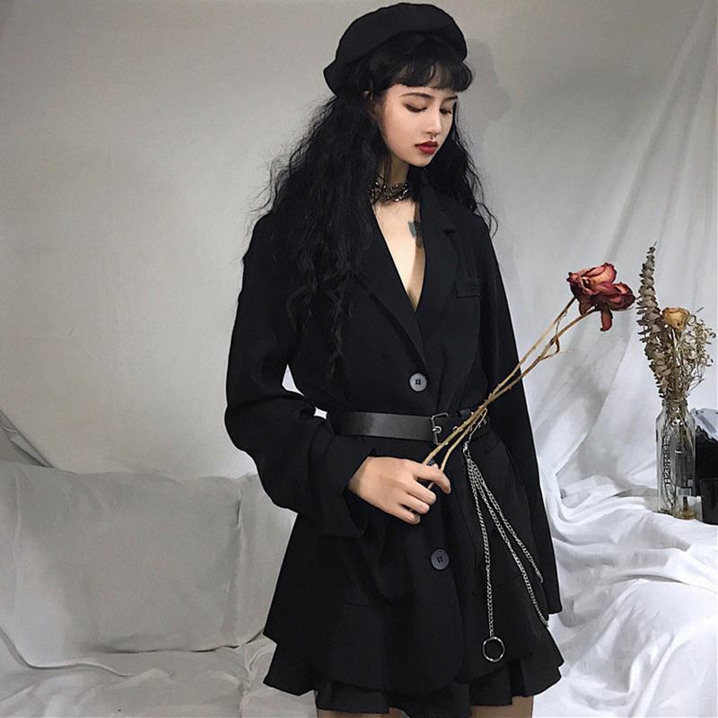 

Gothic Long Black Blazer With Chain Belt Spring Autumn Long Sleeve Womens Casual Blazer Jackets and Coats, Blazer and belt