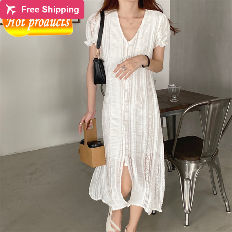 

2021 New Female Summer Dressed in White Retro Style Cleavage with Single-v Neckline Long Jacquard Lace Thin Sleeve Short Dress RMWW, Black