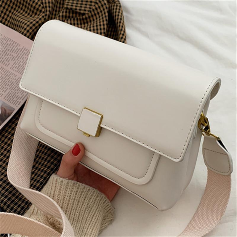 

Solid color thread square bag for women's Retro PU Wide shoulder Strap lock bag lady portable High-quality leather flap handbags, Black
