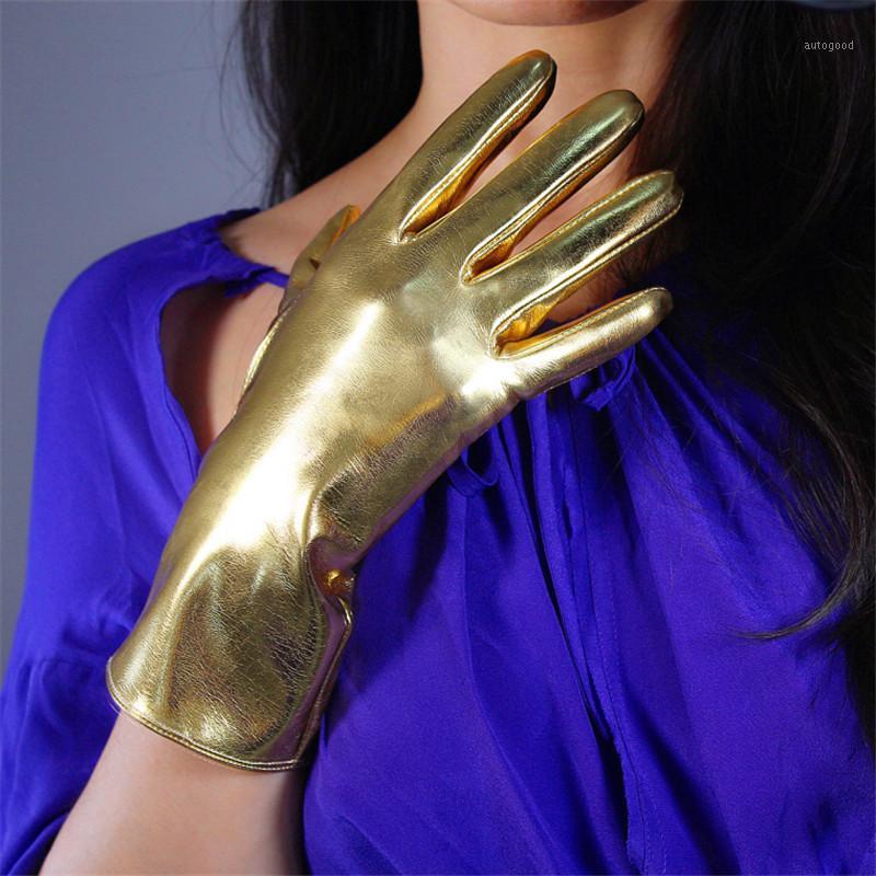 

Five Fingers Gloves 2021 Patent Leather 28cm Long Keep Warm Emulation Women Mirror Bright Gold Female PU191