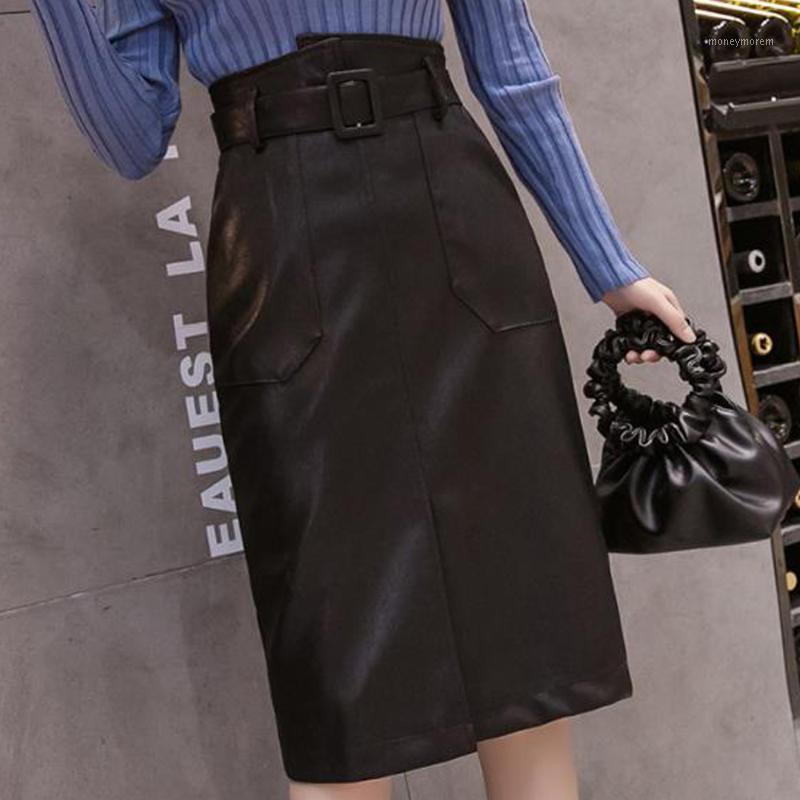 

Autumn Winter Office Lady Faux Leather Woman Skirts High Waist Knee-Length Split Midi Pencil Skirt With Belt Female1, Brown skirt