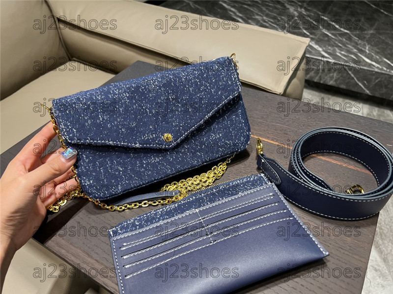 

Navy Denim Chain Bag Wide Shoulder Straps Card Slot Wallet Limited Felicie Pochette Cross Body Bags White Letter Pattern Small Mini designers Womens Handbags Purses, 01