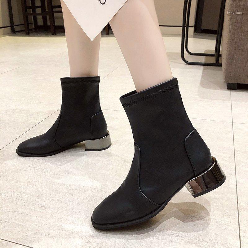 

Women Ankle Boots pu/flock Leather Slip On Square Low Heel Ankle Boots Round Toe Winter Shoes Women zapatos mujer1, Black-flock