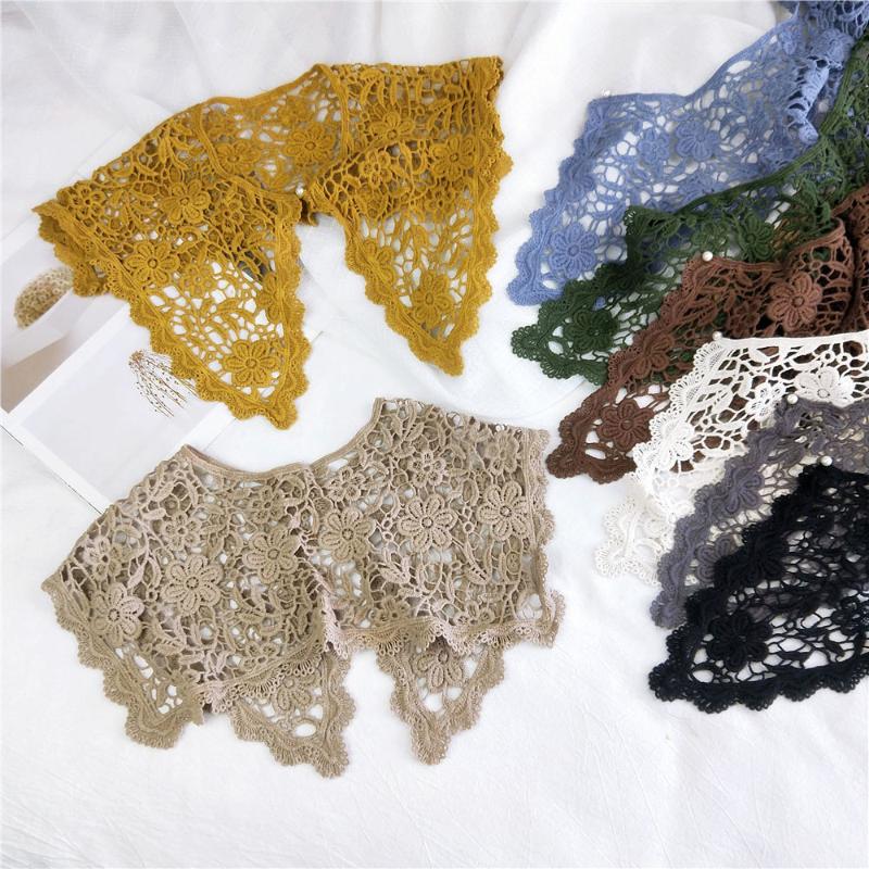 

Scarves 2021 Summer Autumn Women's White Black Crochet Embroidered Flowers Lace Scarf Poncho Women Fake Collar Neck Scarfs Bandana