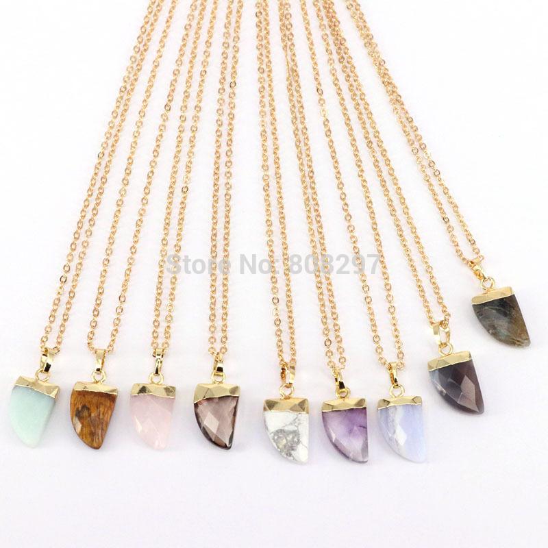 

6Pcs Gold Colors Plated Assorted Nature Stones horn pendant with chain necklaces