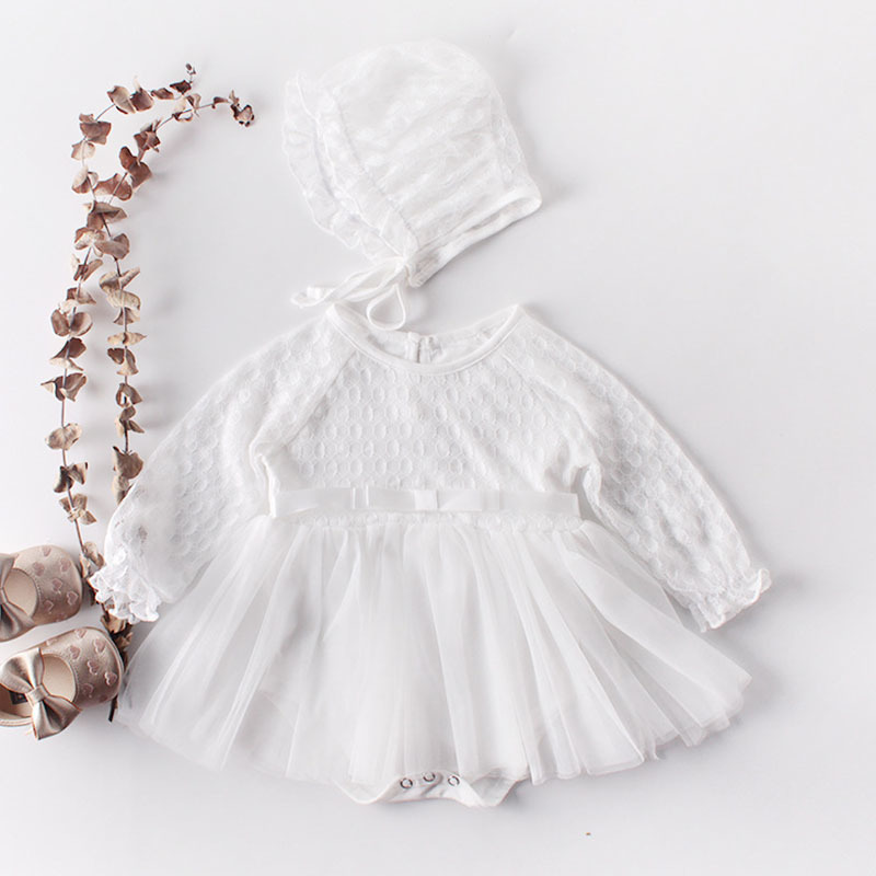 

0-2Yrs Spring Autumn Infant Baby Girls Rompers Clothes Bodysuit Long Sleeve White Lace + Cap 210521, 92060 red