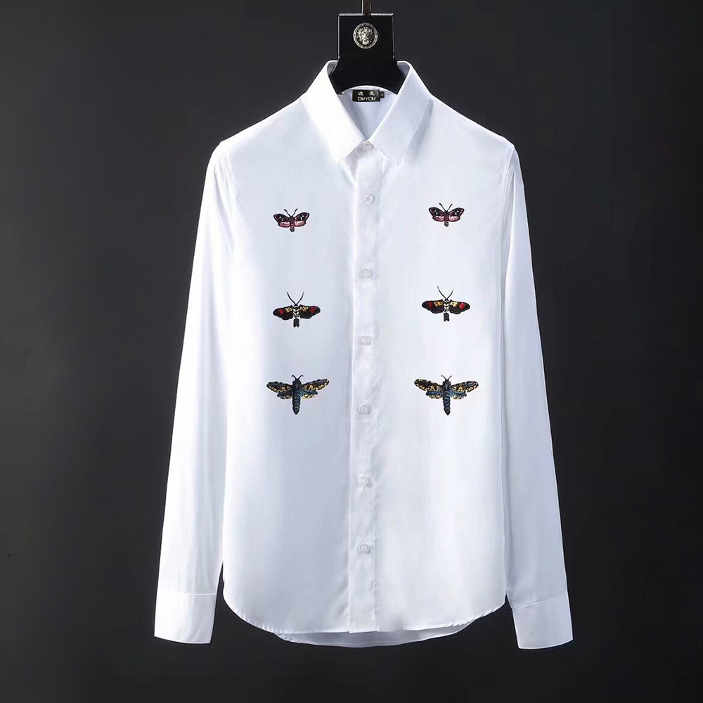 

Men 100% Cotton Embroidery Color Butterfly Shirt Spring Autumn Casual Dress Shirts Camisa Masculina Dy2099 Xic1, White