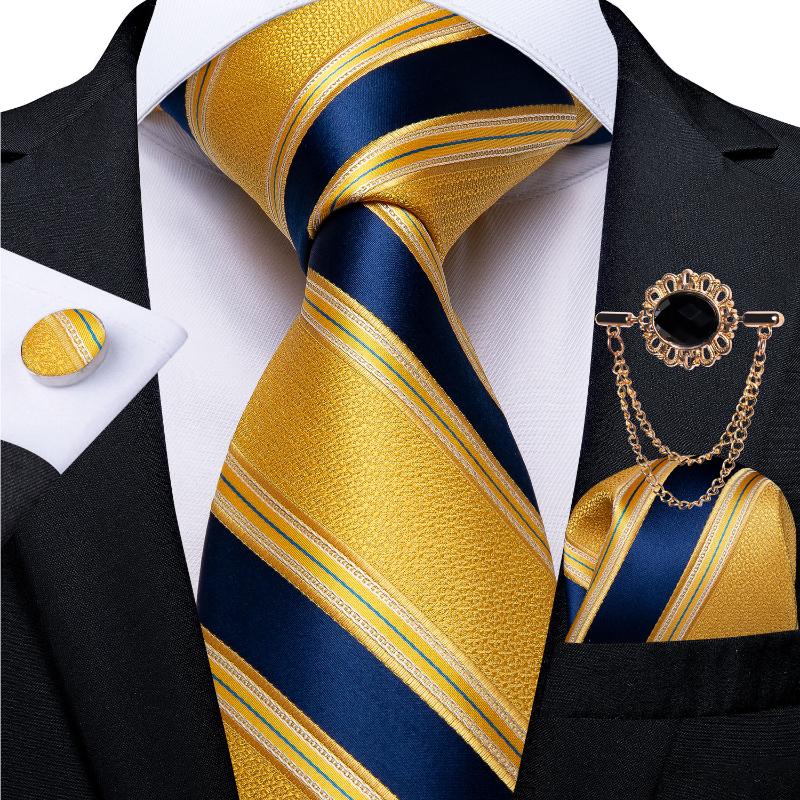 

Bow Ties 8cm Men's Tie Yellow Blue Striped Silk Necktie Handkerchief Metal Brooch Set Wedding Party Men Accessories Gift DiBanGu
