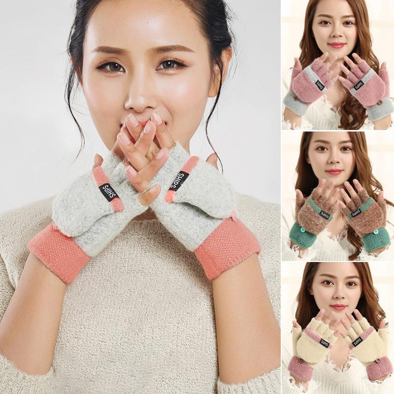 

Knitted Flip Mittens Half-finger Gloves for Girl Women Winter Warm Fingerless Mittens Touch Screen Outdoor Sport Female Gloves