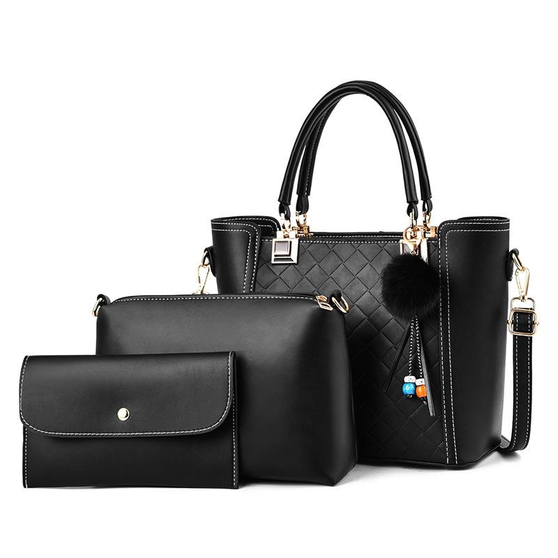 

Lady Composite Bag Tote 3pcs/SET Travel Big Capacity Leather Shoulder Bag Women's Handbags, Black