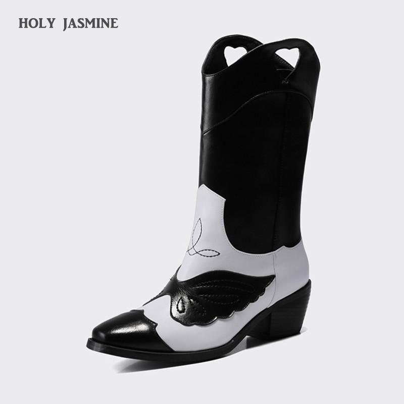 

HOLY JASMINE Women Boots Autumn and Winter Slip-On Ankle Boots for Women Bow Black and White Color Matching Ladies Shoes Rubber