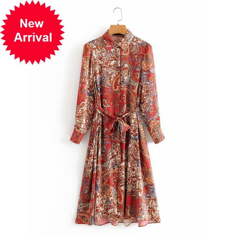 

2021 New Dresses Vintage Dress Designer Party European Fall of Sleeve Women Red Printing Chffion Lapel Dressed in Long Clothes 7bl9, Blue
