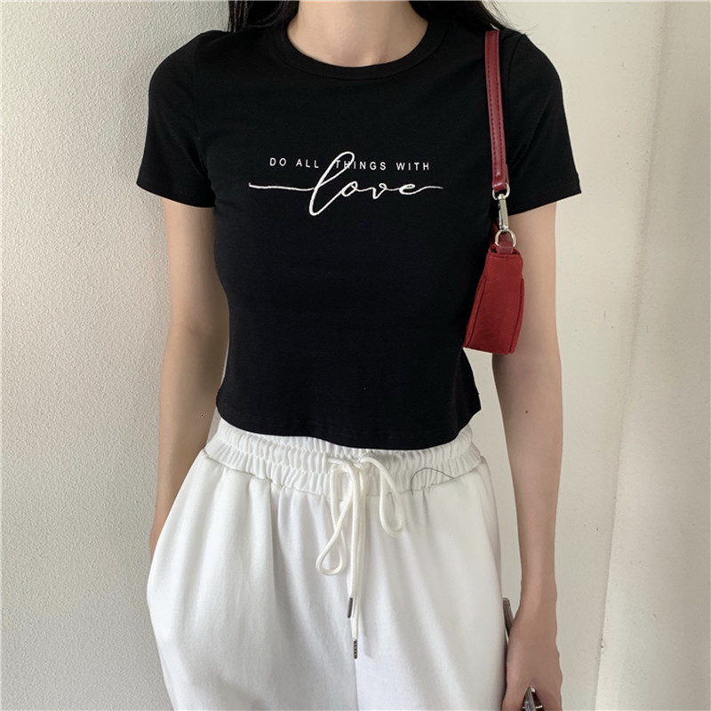 

2021 New 2 colours Summer Korean style embroidered letter short sleeve women t-shirt female Harvest tops (c2272) UM0C, Black