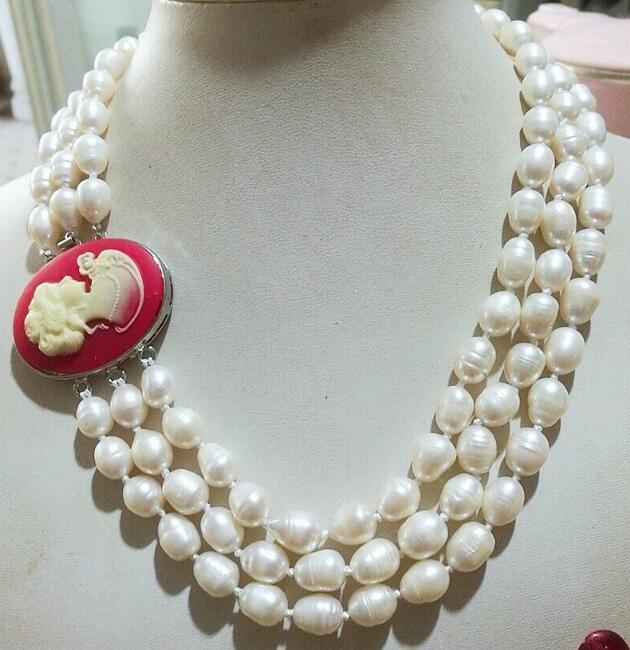 

NEW 3 Row Red Clasp 9-11MM Natural White Pearl Necklace 18-20"1