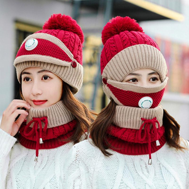 

New 3 Pieces Set Women's Knitted Hat Scarf Caps Neck Warmer Winter Hat for Ladies Girls Skullies Beanies Warm Fleece Caps, Black