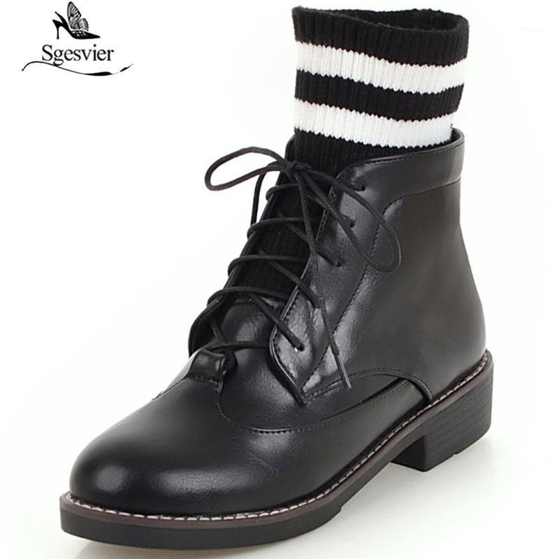 

Sgesvier Fashion Women Shoes 2020 Woman PU Leather Med Heel Ankle Winter Boots Shoes Ladies Casual Round Toe Lace Up Boots B8281, Green