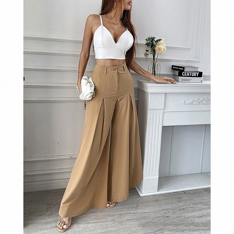 Women's Fashion Dress Pants Wide Leg Full Length Pants Daily Weekend Micro-elastic Plain Comfort Mid Waist Loose Black Khaki S M L XL 337O#
