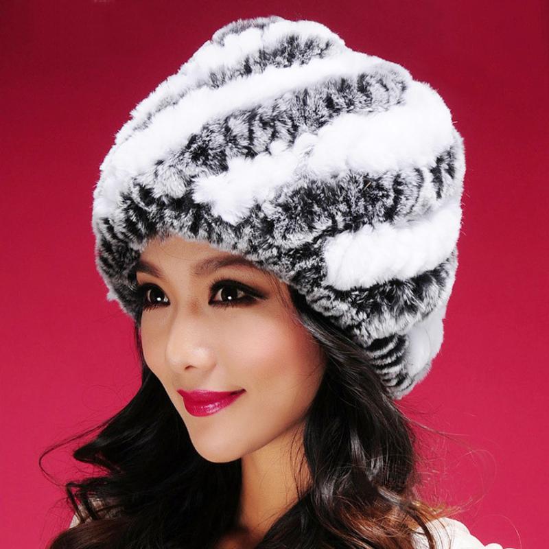 

2020 New Women Warm Knitted Rex Fur Hat Genuine Fur Cap Beadgear Headdress Striped Fashion Female Winter Fashion Hat, Grey