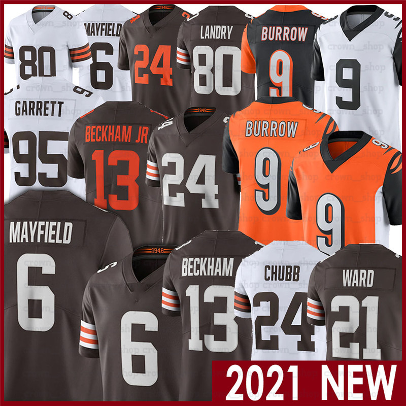 

6 Baker Mayfield 13 Odell Beckham Jr 24 Nick Chubb 80 Jarvis Landry 21 Denzel Ward 95 Myles Garrett 9 Joe Burrow Football Jerseys, Men(bu lang)