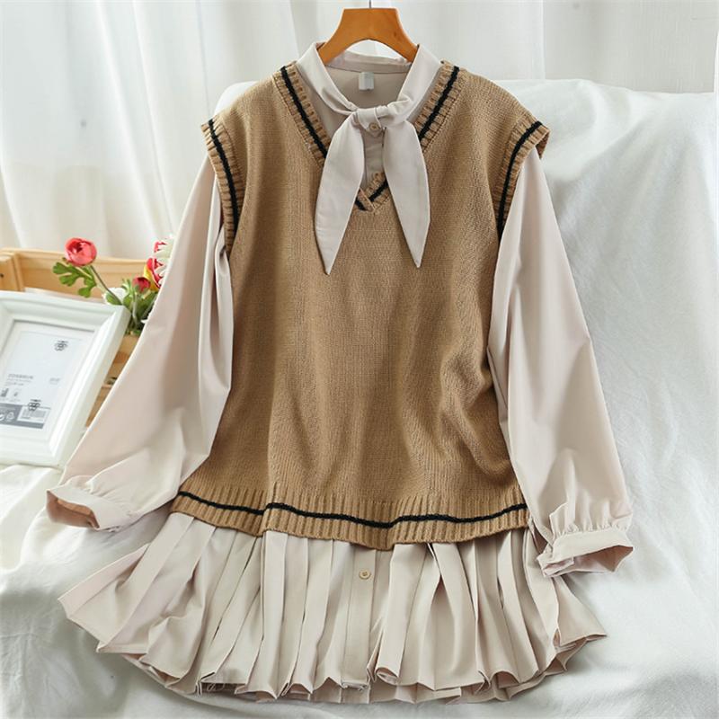 

Vintage Striped Sweater Vest Women Student V-neck Knitted All-match Chic Daily Sleeveless Waistcoat Womens 2 Piece, Navy dress vest