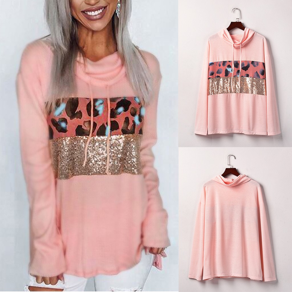 

Oversized Sweatshirt 2020 Hoodie Women Casual Leopard Sequins Long Sleeve Drawstring Hoodie Pullover Tops