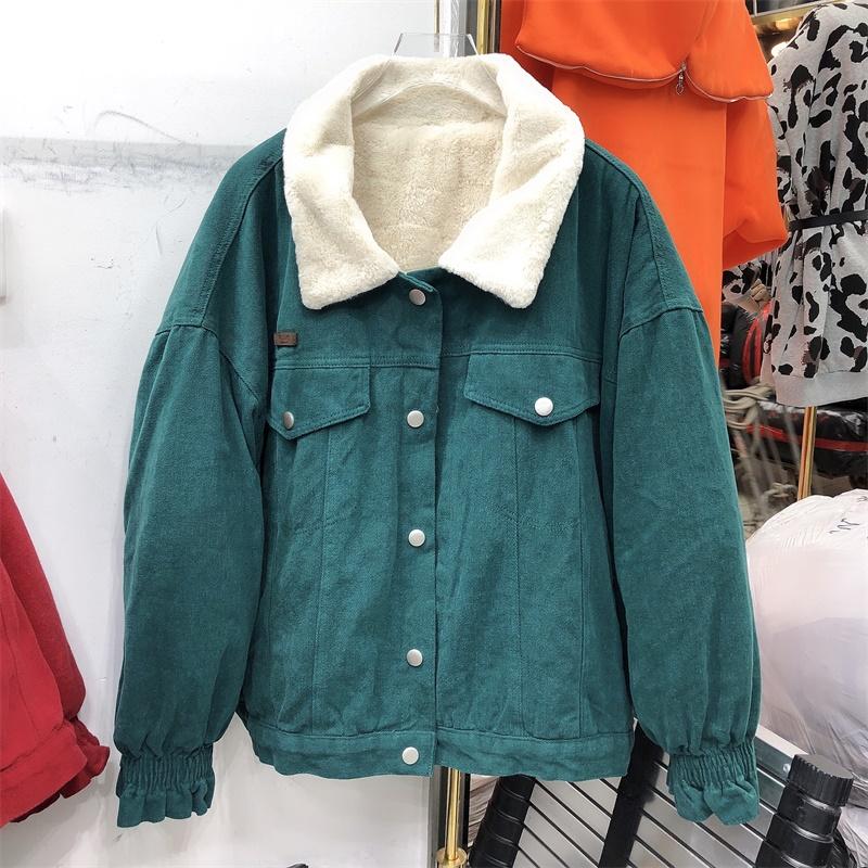 

2020 Winter Green Denim Jacket Women Cashmere Lapel Thicken Warm Parkas Overcoat Loose Long Sleeve Cropped Jacket Coats, Black