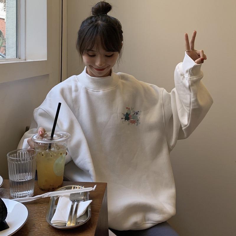 

2020 Spring and Autumn Oversized Velvet Warm Hoodie Ladies Clothes Top Harajuku Print Turtleneck Simple Korean Sweatshirt, 01