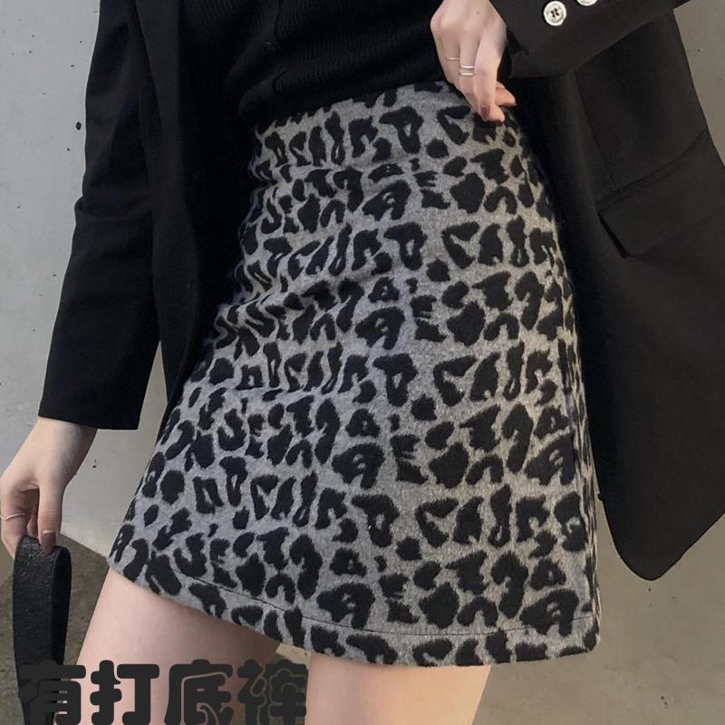 

2020 autumn and winter new thick fashion high waist slimming leopard print bag hip woolen skirt, Gray
