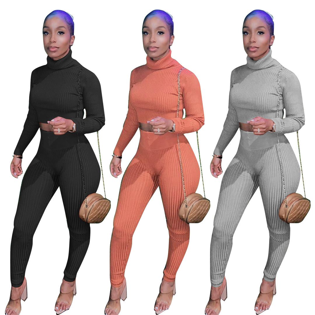 

Women 2 Piece Outfits New Sexy Tight Long Sleeve High Neck Sweater Pencil Pants Set Lady Solid High Elasticity Casual Suits Fall Winter New, Gray