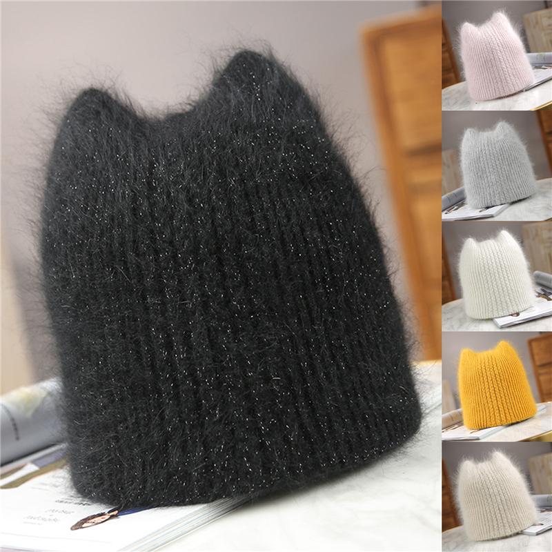 

Fashion Cute Girl Fur Ear Beanie Hat For Women Winter Skullies Warm Wool Cap Gorros Female Cap