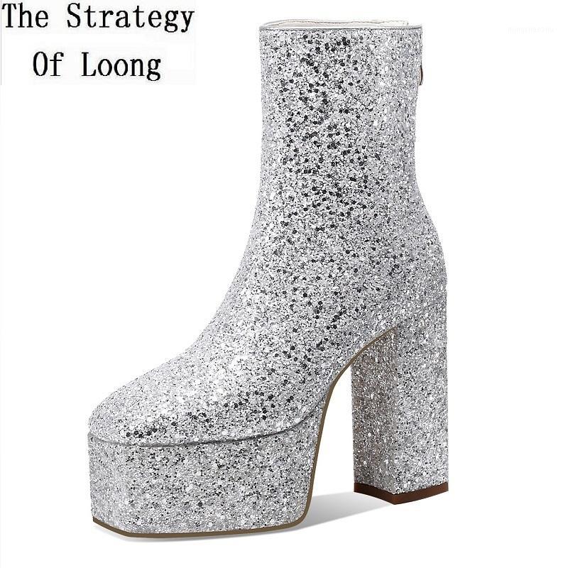 

Spring Autumn New Concise Bling Platform Thick High Heels Genuine Leather Women Short Boots Winter Plush Ladies Ankle Botas1, Spring autumn white