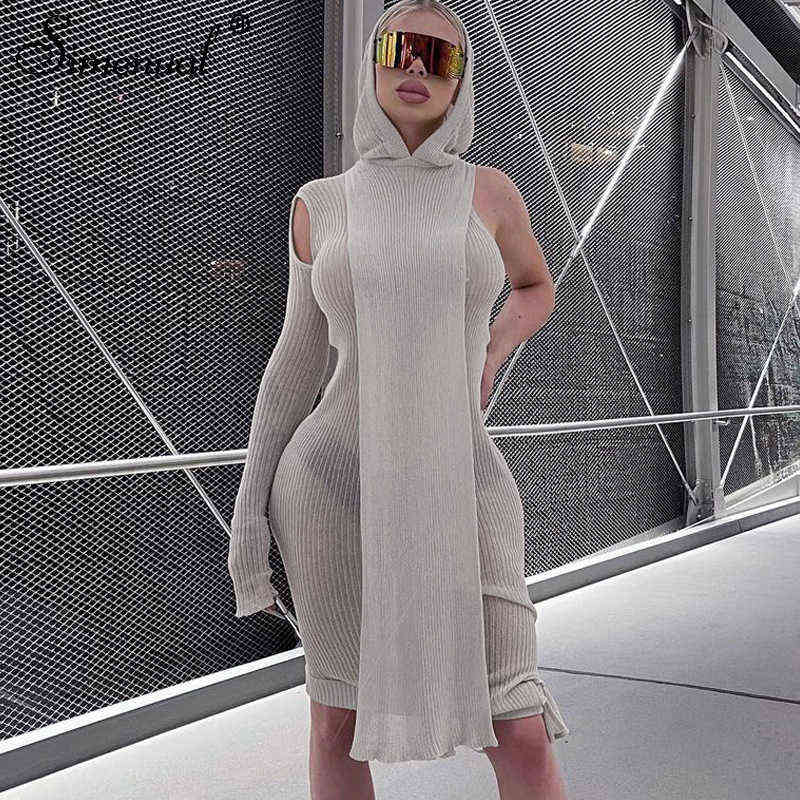 

Simenual One Sleeve Knit Asymmetric Midi Dresses Skinny Ribbed Hooded Streetwear Baddie Clothes Fall Spring Clubwear Tight Dress W220215, Black