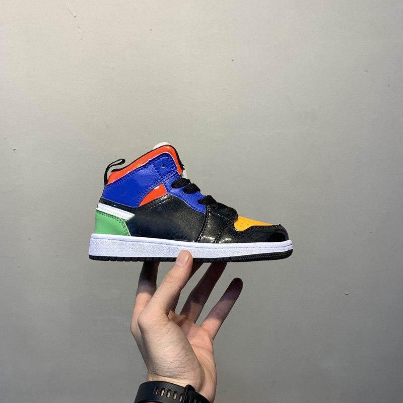 

Children's shoes leather Black Orange Green Blue Red Kids AJS 1 Mid SE sneaker Multi Patent Basketball sneaker size 24-35