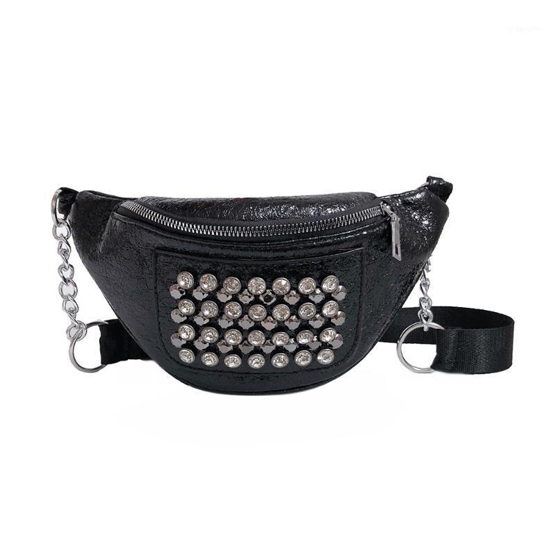

2020 New Women Waist Bag Multi-Functional Chest Bag PU Leather Shoulder Slant Outdoor Sports Zipper Shiny Diamonds1, Black