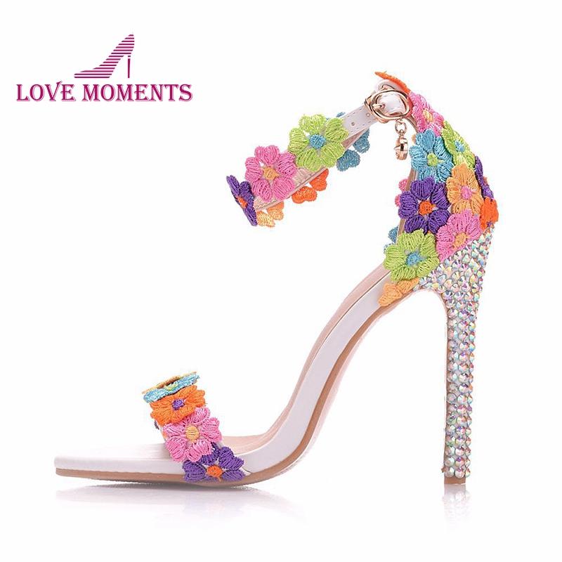 

Beautiful Mix Color Lace Flower Bride Sandals Buckle Straps Rhinestone Heel Wedding Party Shoes Open Toe Summer Sandals, Mix 11cm