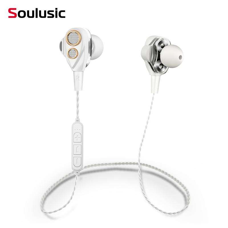 

Soulusic Double Dynamic Bluetooth Earphone Dual Stereo Bass Sound Handsfree Wireless Gaming Headset With Mic For Phone TF card, White