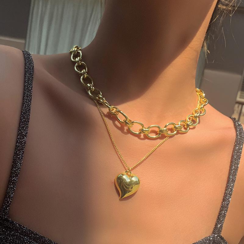 

KMVEXO Punk metal pendant necklace fashion thick chains necklace heart gothic women female chocker neck goth jewelry