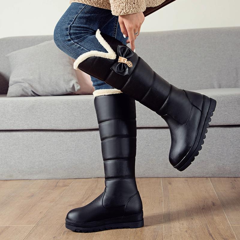 

Round Toe Slip on Women Shoes Platform PU Leather Snow Boots Sweet Butterfly-Knot knee high Boots Big Size34-43, Black