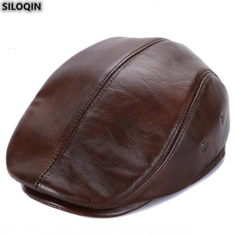 

SILOQIN Dad's Hats Quality Genuine Leather Hat For Men's Winter Warm Earmuffs Brands Berets Elegant Fashion Cowhide Snapback Cap, Black
