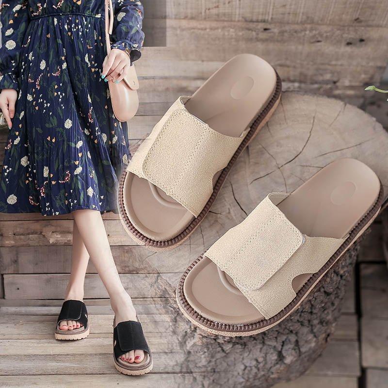 

Women's Shoes 2021 New Leather Sandals Metal Buckles Shoes Women Flat Heels Solid Color Summer Outside Casual Lady Footwear, Black1