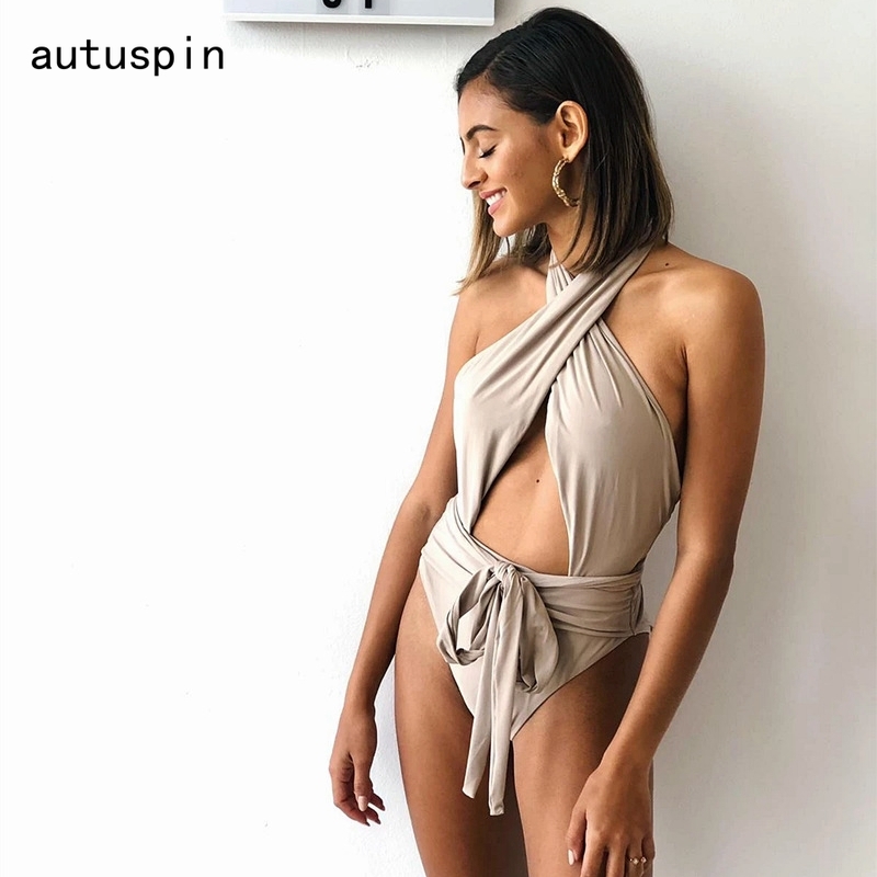 

Autuspin Sexy Bandage Women's Swimsuits Backless Halter One-piece Bathing Suits Hollow Casual Party Bodycon Club Women Swimwear Y200824, Khaki