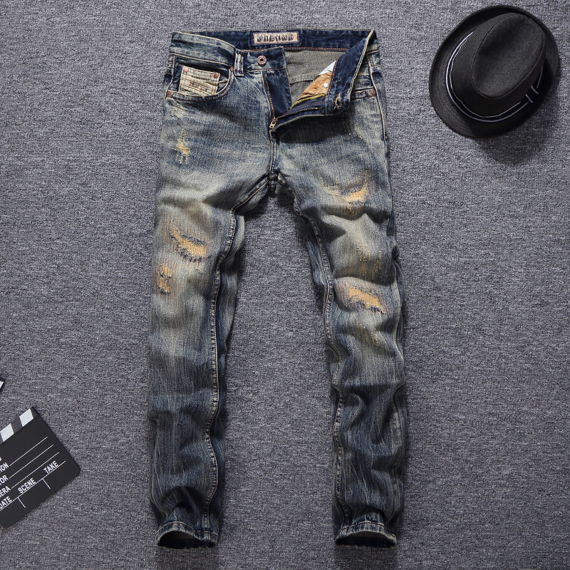 

2021 New Italian Vintage Fashion Slim Fit Patchwork Destroyed Ripped Men Designer Pants Streetwear Hip Hop Homme Tdyy, Retro yellow