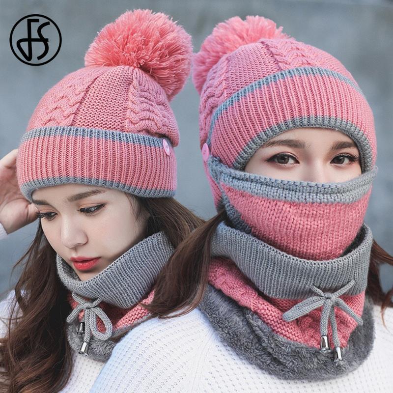 

FS Knitted Winter Cap For Women Woolen Pompom Hat And Scarf Set With Mouth Mask Pink Red Neck Warm Ski Cycling Beanies Hats, Black beanie