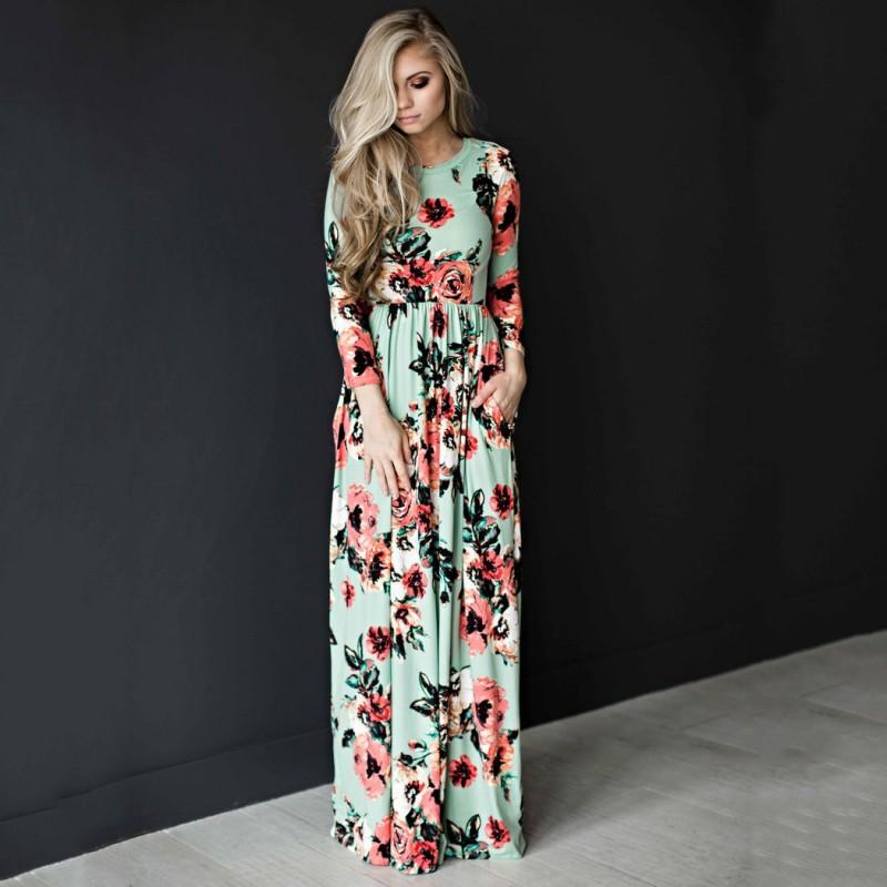 

Summer Dress Women Printed Long Boho Beach O-neck Three Quarter Sleeve Empire Flower Floor-length Maxi Dress, As show