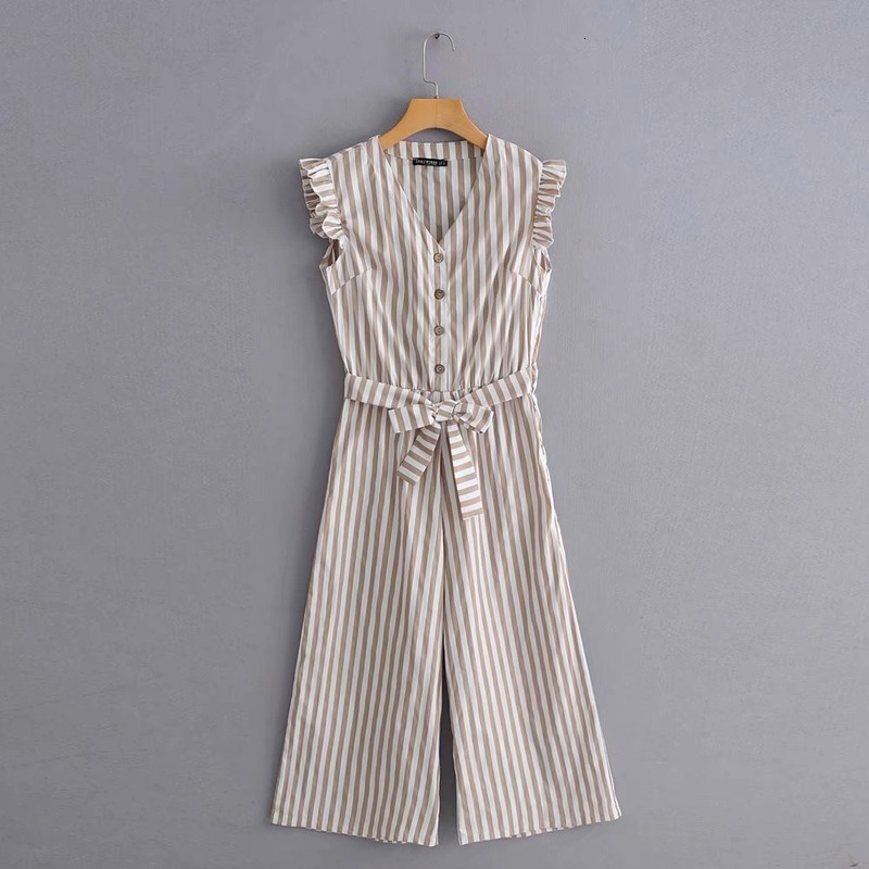 

2021 New Women's polyester pants full length European and American Siamese women striped wood ear with no sleeves legs HP9L, Brown curry strips