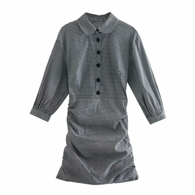 

2021 New Black Draped Houndstooth Mini Women Autumn Puff Sleeve Elastic Ruched Dress Ladies Vintage Elegant Dresses 7pod